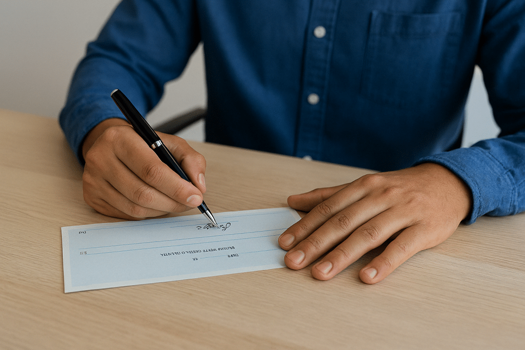 Pessoa usando camisa azul assina um cheque bancário em português, com a caneta posicionada sobre a linha de assinatura. A folha do cheque está virada corretamente para a pessoa, em cima de uma mesa de madeira clara, em um ambiente minimalista.