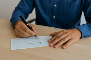 Pessoa usando camisa azul assina um cheque bancário em português, com a caneta posicionada sobre a linha de assinatura. A folha do cheque está virada corretamente para a pessoa, em cima de uma mesa de madeira clara, em um ambiente minimalista.