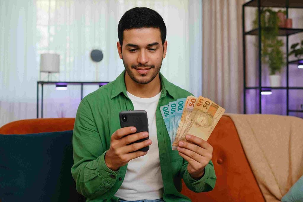 Homem sorridente sentado em um sofá, segurando notas de dinheiro em uma mão e um celular na outra, simbolizando a aprovação de um empréstimo com garantia de celular por meio de um aplicativo financeiro.
