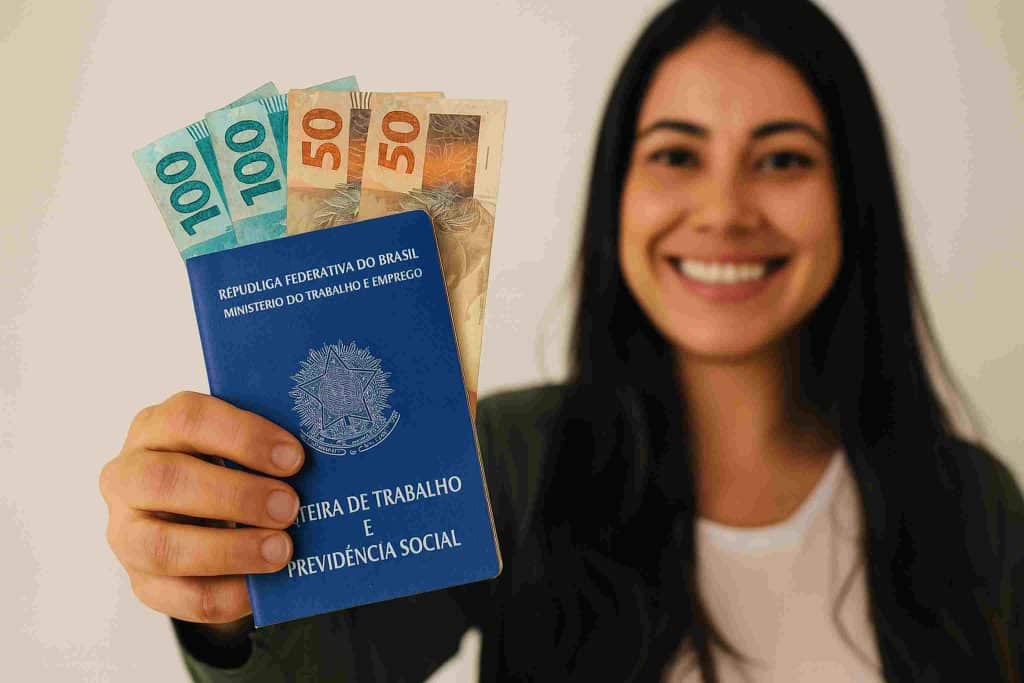 Mulher sorridente segura uma carteira de trabalho azul com cédulas de real, representando o benefício do empréstimo consignado para CLT no Brasil.