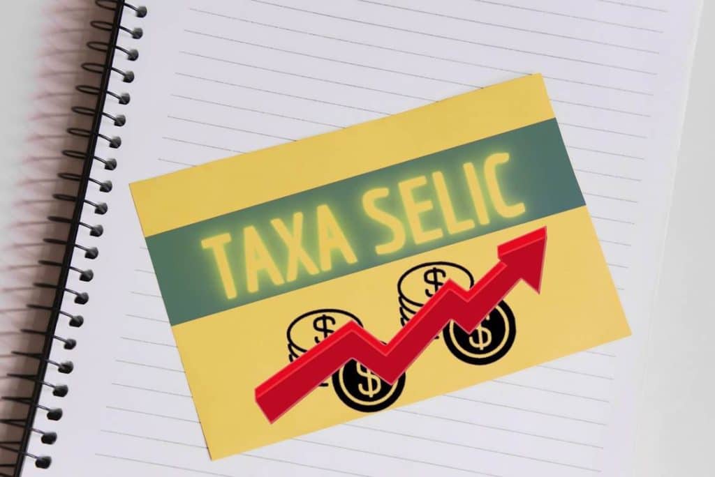 Cartão amarelo com a frase “Taxa Selic” e uma seta vermelha apontando para cima sobre fundo de caderno, simbolizando o aumento da Selic e seus impactos nas finanças e nos investimentos.