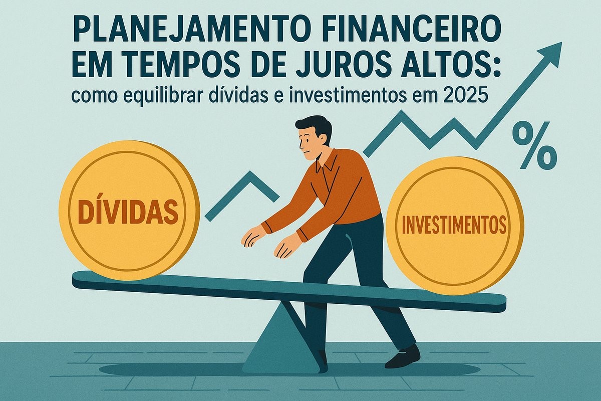 Ilustração de um homem tentando equilibrar duas grandes moedas sobre uma gangorra. À esquerda, uma moeda com a palavra “Dívidas” e, à direita, outra com “Investimentos”. Ao fundo, há uma linha de gráfico ascendente e um símbolo de porcentagem, representando a variação dos juros. O texto superior diz: “Planejamento financeiro em tempos de juros altos: como equilibrar dívidas e investimentos em 2025”. A arte simboliza o desafio de equilibrar finanças pessoais diante de taxas elevadas.
