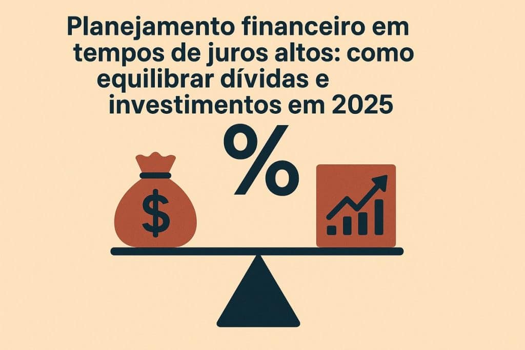 Ilustração minimalista com fundo bege. No topo, o texto: “Planejamento financeiro em tempos de juros altos: como equilibrar dívidas e investimentos em 2025”. Abaixo, uma balança com dois lados: à esquerda, um saco de dinheiro com símbolo de cifrão; à direita, um gráfico de barras ascendentes, simbolizando investimentos. No centro, um grande símbolo de porcentagem. A imagem representa o equilíbrio entre endividamento e rentabilidade em períodos de juros altos.