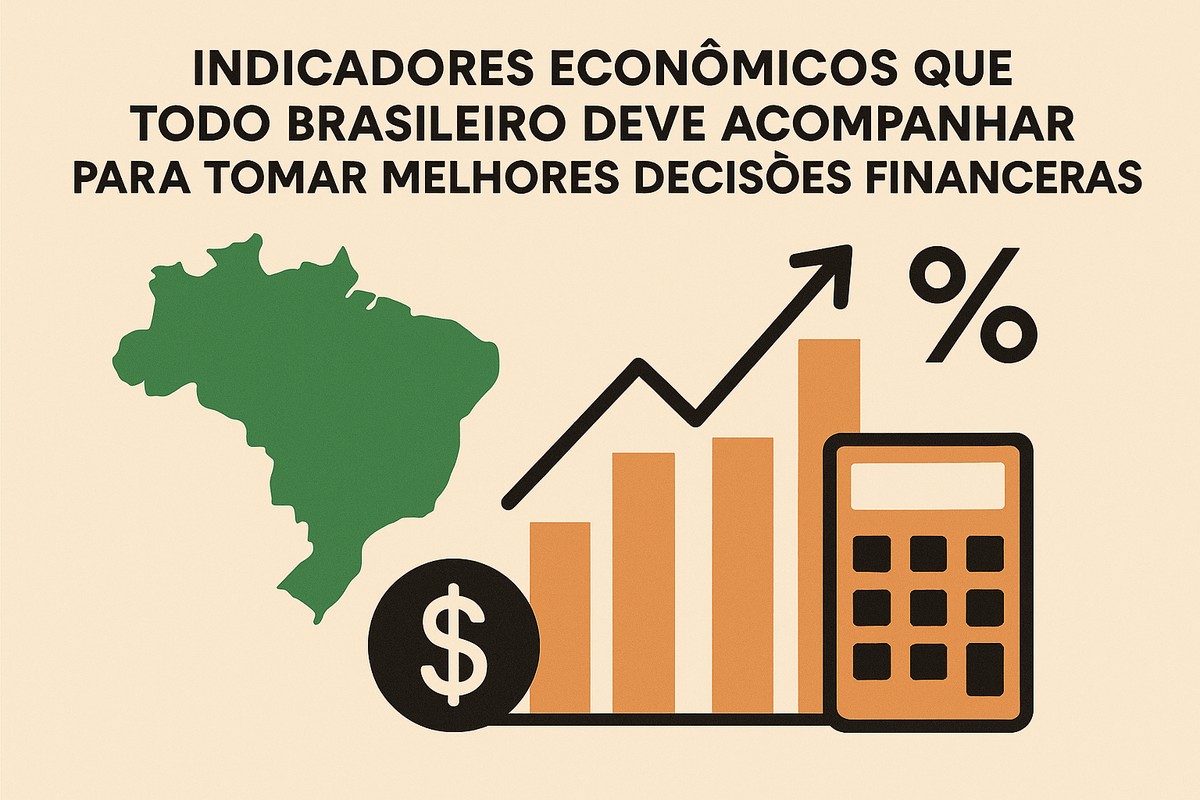 Gráfico de barras em laranja com uma seta preta ascendente, símbolo de porcentagem e uma calculadora ao lado. À esquerda, o mapa do Brasil em verde e um círculo preto com o símbolo de cifrão. O texto superior diz: "Indicadores econômicos que todo brasileiro deve acompanhar para tomar melhores decisões financeiras". Fundo bege claro.