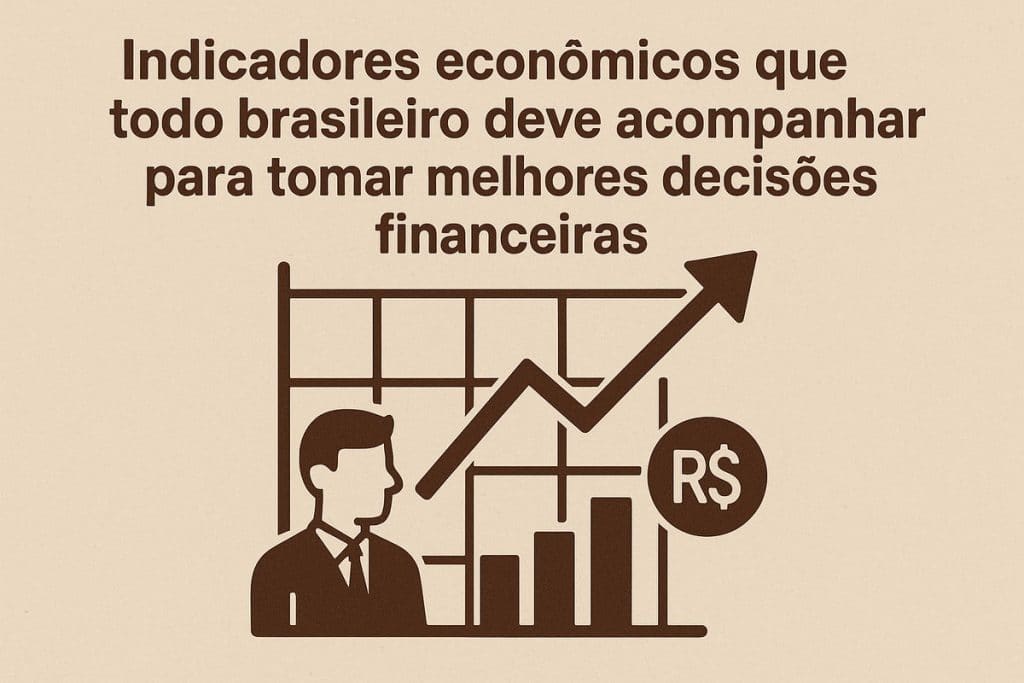 Gráfico em tons marrons mostrando barras e uma seta apontando para cima, ao lado de uma figura masculina de terno. Acima, o texto diz: "Indicadores econômicos que todo brasileiro deve acompanhar para tomar melhores decisões financeiras". O fundo é bege claro.
