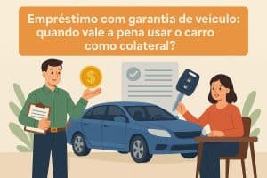 Ilustração colorida mostrando uma mulher sentada à mesa entregando uma chave de carro a um homem em pé, que segura uma prancheta e uma moeda dourada. Atrás deles, há um carro azul e um grande contrato com um ícone de marca de verificação. No topo, em uma faixa laranja, o texto diz: "Empréstimo com garantia de veículo: quando vale a pena usar o carro como colateral?". Fundo claro e ambiente ilustrado de negociação.
