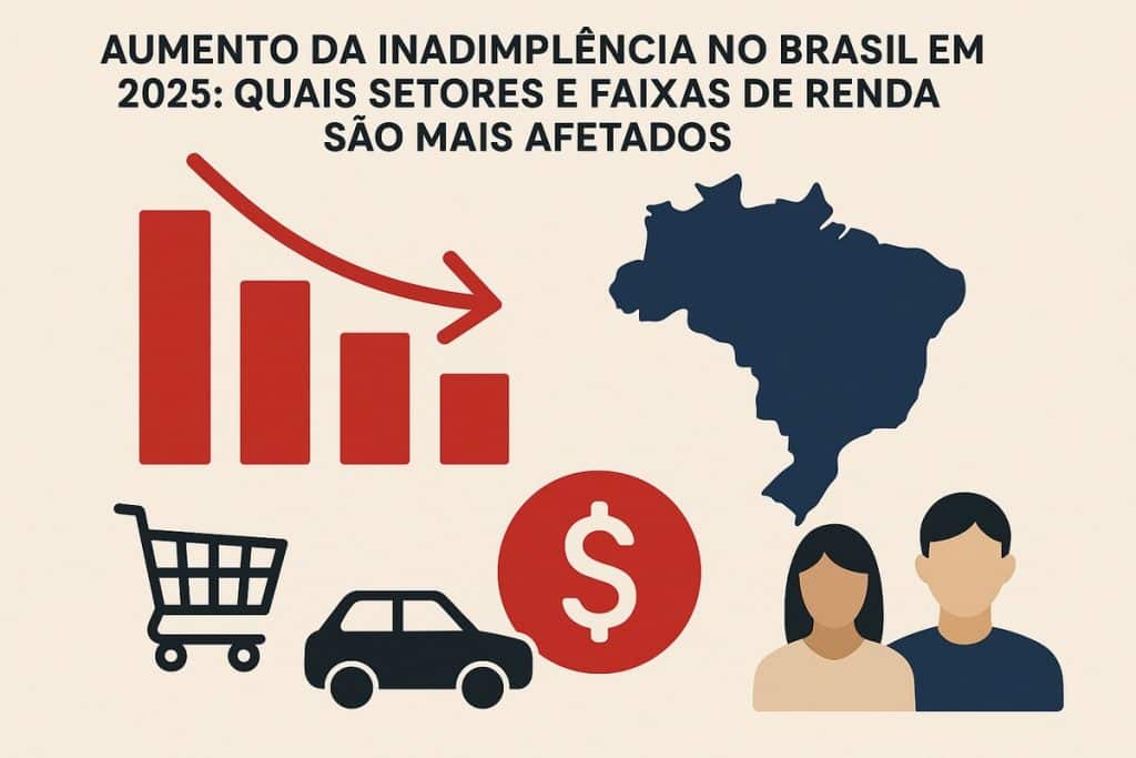 Gráfico de barras vermelhas em queda com uma seta descendente, representando aumento da inadimplência. Ao lado, mapa do Brasil em azul escuro e ícones de um carrinho de compras, um carro e um símbolo de cifrão. Na parte inferior, ícones de um homem e uma mulher. Texto no topo: “Aumento da inadimplência no Brasil em 2025: quais setores e faixas de renda são mais afetados”. Fundo bege claro.