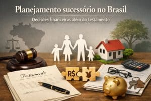 Ilustração sobre planejamento sucessório no Brasil. A cena mostra, ao centro, silhuetas de uma família formada por dois adultos e duas crianças de mãos dadas, simbolizando herança e proteção familiar. À esquerda, há um martelo de juiz sobre uma mesa, representando decisões legais e jurídicas. Em primeiro plano, um documento com o título “Testamento” e uma caneta reforçam a formalização do planejamento. À direita, aparecem uma casa com telhado vermelho, uma calculadora, óculos e chaves, indicando bens patrimoniais e organização financeira. Também há um cofre em forma de porquinho dourado e peças de quebra-cabeça com símbolos de moeda, simbolizando sucessão patrimonial e continuidade financeira. Ao fundo, o mapa do Brasil e uma balança da justiça reforçam o contexto legal e nacional do tema.