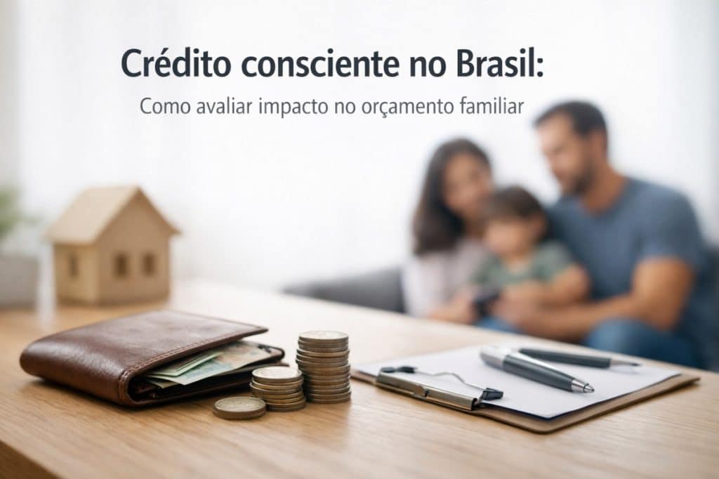Imagem sobre crédito consciente no Brasil mostrando, em primeiro plano, uma carteira com dinheiro, moedas empilhadas e uma prancheta com caneta sobre uma mesa de madeira, simbolizando organização financeira. Ao fundo, de forma desfocada, aparece uma família com dois adultos e uma criança sentados juntos, representando o planejamento do orçamento familiar e decisões financeiras responsáveis.