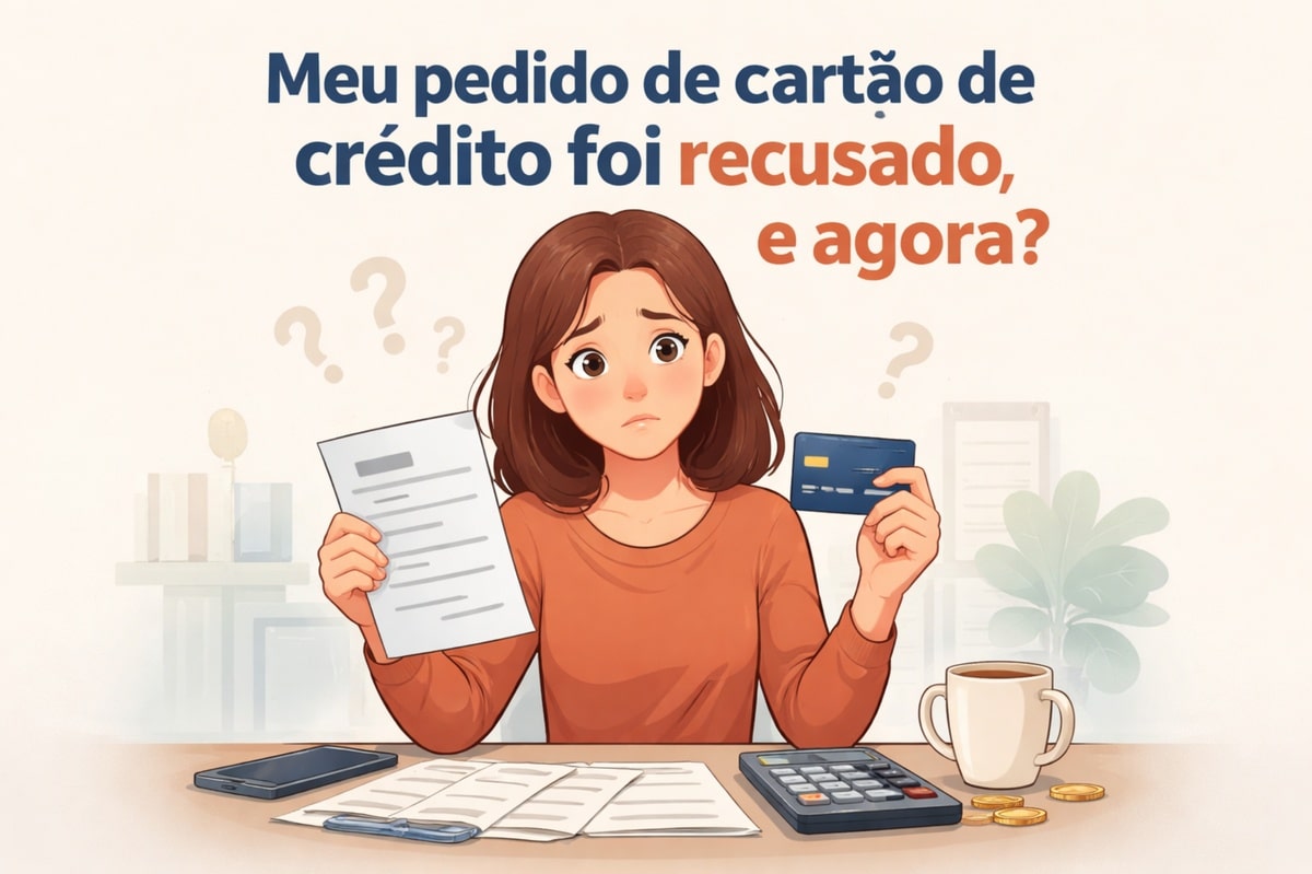 Ilustração de uma mulher jovem sentada à mesa com expressão de preocupação, segurando um cartão de crédito em uma mão e um papel com informações financeiras na outra. Sobre a mesa há uma calculadora, documentos, um celular, moedas e uma xícara de café. Ao fundo, um ambiente doméstico suave e desfocado. No topo da imagem, o texto diz: “Meu pedido de cartão de crédito foi recusado, e agora?”. A cena representa dúvidas e insegurança financeira após a recusa de crédito.