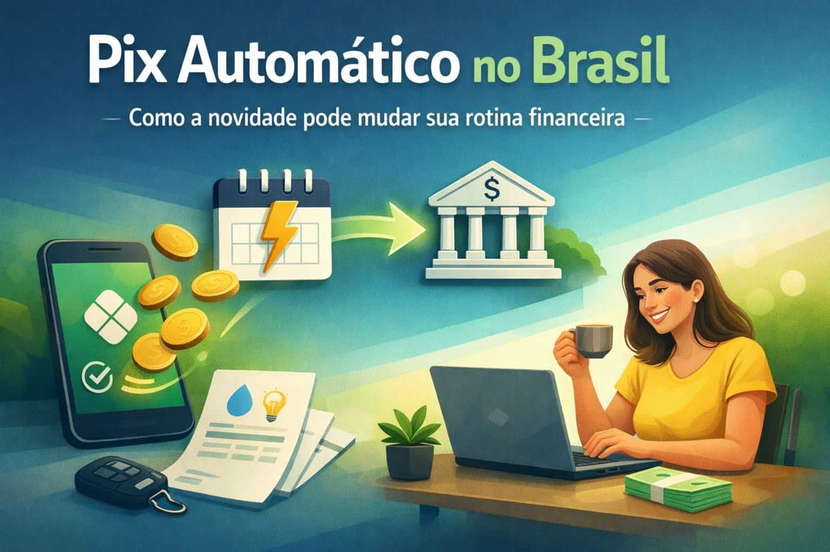 Ilustração sobre Pix Automático no Brasil mostrando aplicativo de pagamento no celular com moedas digitais, calendário de cobrança automática e banco, com mulher sorrindo usando notebook e tomando café enquanto organiza finanças pessoais de forma prática e digital.