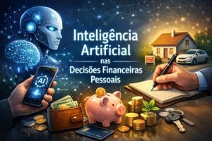 Ilustração de inteligência artificial aplicada às finanças pessoais, mostrando robô digital, smartphone com aplicativo de IA, cofrinho, moedas, carteira com dinheiro, cartão de crédito, casa à venda e mão escrevendo planejamento financeiro.