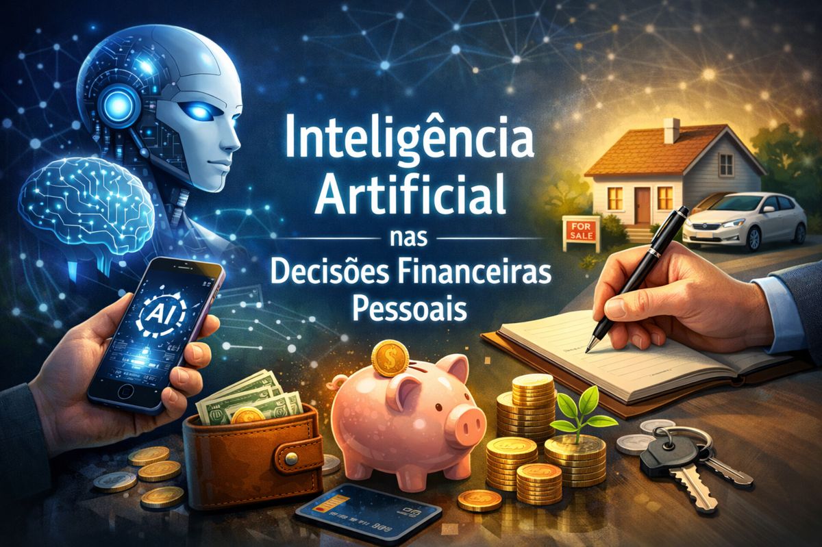 Ilustração de inteligência artificial aplicada às finanças pessoais, mostrando robô digital, smartphone com aplicativo de IA, cofrinho, moedas, carteira com dinheiro, cartão de crédito, casa à venda e mão escrevendo planejamento financeiro.