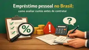Ilustração sobre empréstimo pessoal no Brasil com prancheta de checklist, lupa com símbolo de porcentagem, moedas, calculadora e mãos assinando documentos, representando análise de custos e planejamento financeiro antes de contratar crédito.