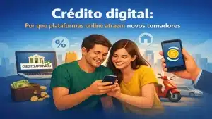 Ilustração sobre crédito digital com casal utilizando smartphone, aprovação de crédito online em notebook, ícones de porcentagem e finanças, representando como plataformas digitais facilitam o acesso a empréstimos e serviços financeiros no Brasil.