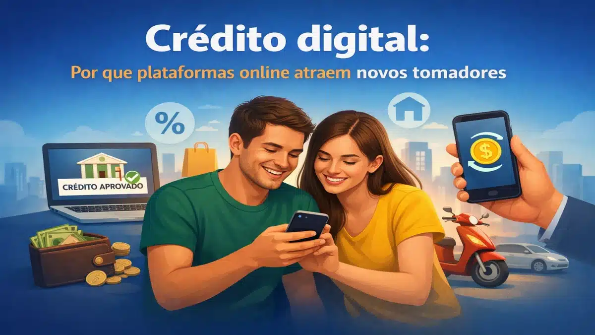 Ilustração sobre crédito digital com casal utilizando smartphone, aprovação de crédito online em notebook, ícones de porcentagem e finanças, representando como plataformas digitais facilitam o acesso a empréstimos e serviços financeiros no Brasil.