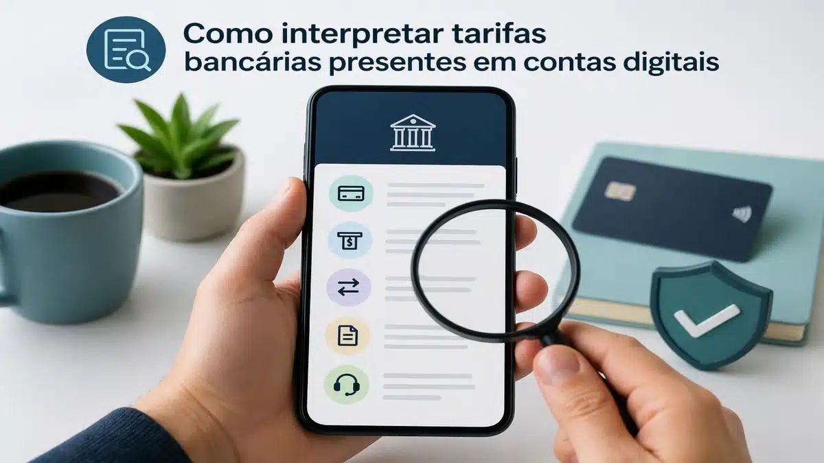 Como interpretar tarifas bancárias em contas digitais com smartphone exibindo app financeiro sendo analisado com lupa, ao lado de cartão, caderno e ambiente de trabalho minimalista organizado