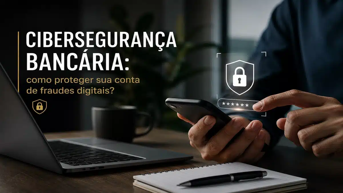 Imagem editorial premium sobre cibersegurança bancária, mostrando uso seguro de aplicativo financeiro em smartphone com elementos digitais de proteção, notebook e ambiente moderno representando prevenção contra fraudes digitais.