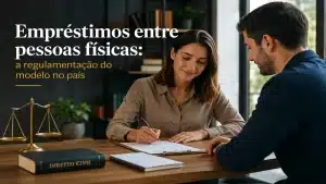 Profissionais analisando contrato em ambiente corporativo moderno, representando empréstimos entre pessoas físicas e a regulamentação do modelo no país. Imagem editorial premium sobre crédito entre particulares, acordos financeiros, segurança jurídica, legislação financeira, contratos de empréstimo e mercado de financiamento colaborativo no Brasil.