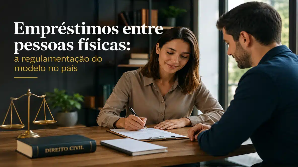 Profissionais analisando contrato em ambiente corporativo moderno, representando empréstimos entre pessoas físicas e a regulamentação do modelo no país. Imagem editorial premium sobre crédito entre particulares, acordos financeiros, segurança jurídica, legislação financeira, contratos de empréstimo e mercado de financiamento colaborativo no Brasil.